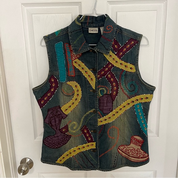 CHICO’S DENIM ABSTRACT COLOURFUL EMBROIDERED VEST - Picture 2 of 13